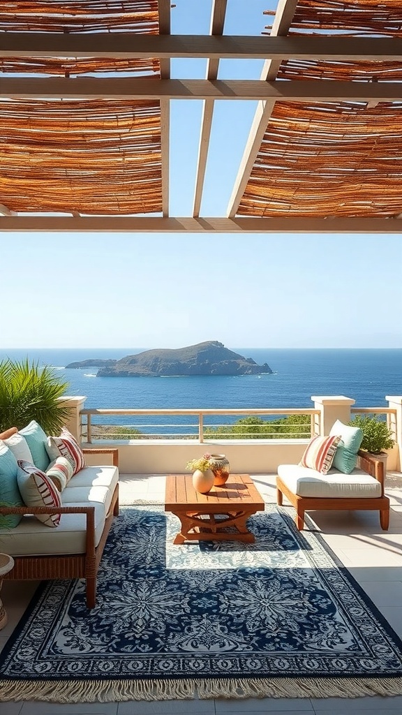Luxuriöse Terrasse mit Outdoor-Teppich, Sofas und Meerblick