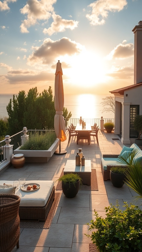Eine stilvolle Terrasse mit Blick auf das Wasser, umgeben von Pflanzen und gemütlichen Möbeln.