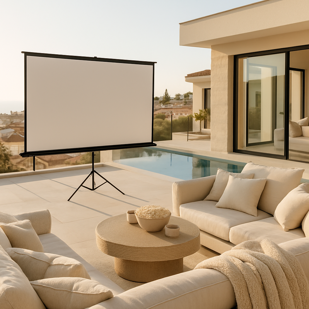 Gemütliche Terrasse mit Leinwand für ein Outdoor-Kino