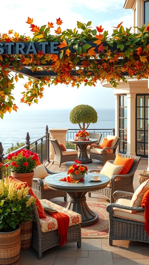 Eine stilvolle Terrasse mit saisonalen Dekorationen, die herbstliche Farben und gemütliche Möbel zeigt.