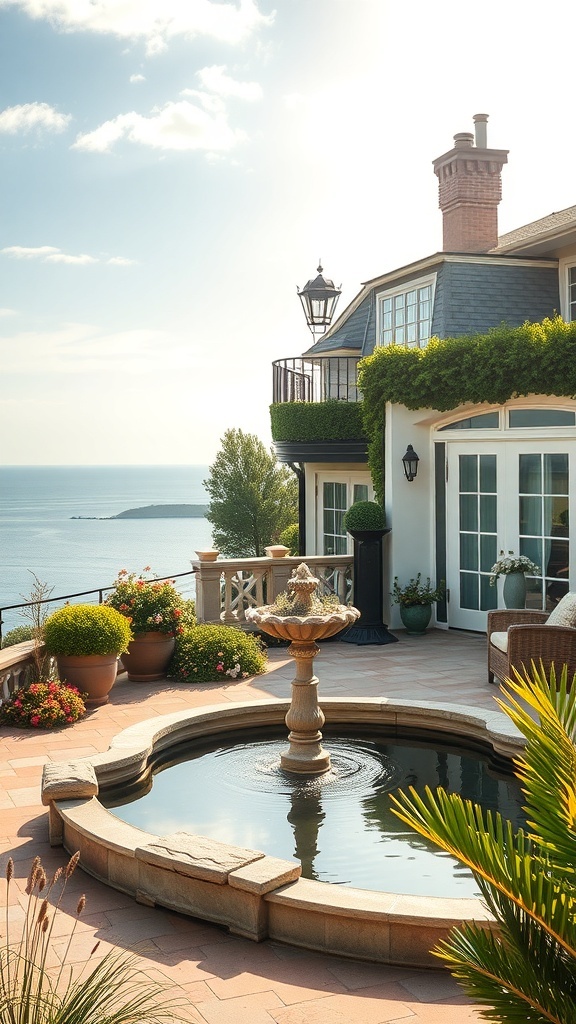 Elegante Terrasse mit einem Brunnen und Blick auf das Wasser