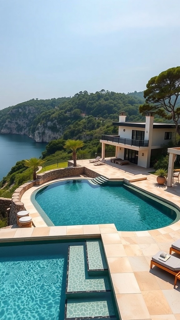 Moderne Terrasse mit Pools und Blick auf das Wasser