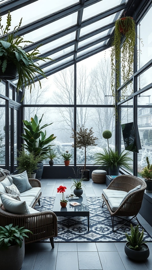 Moderner Wintergarten mit großen Fenstern, Pflanzen und gemütlicher Einrichtung