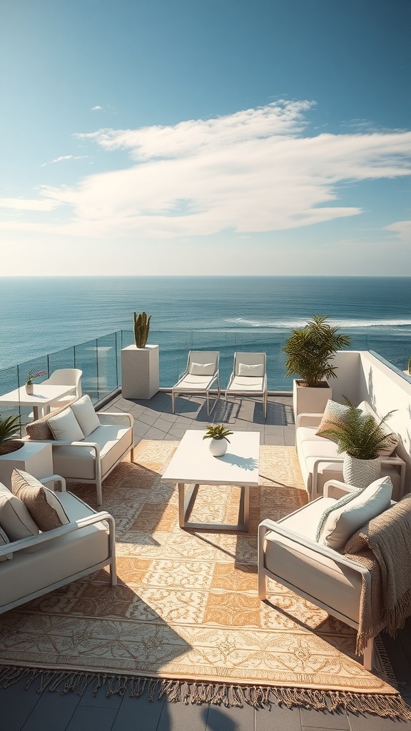 Stilvolle Dachterrasse mit bequemen Möbeln und einem eleganten Teppich, Blick auf das Meer