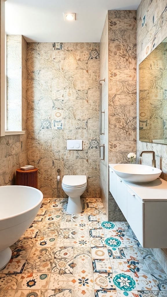 A modern bathroom featuring colorful terrazzo flooring with various patterns and designs.