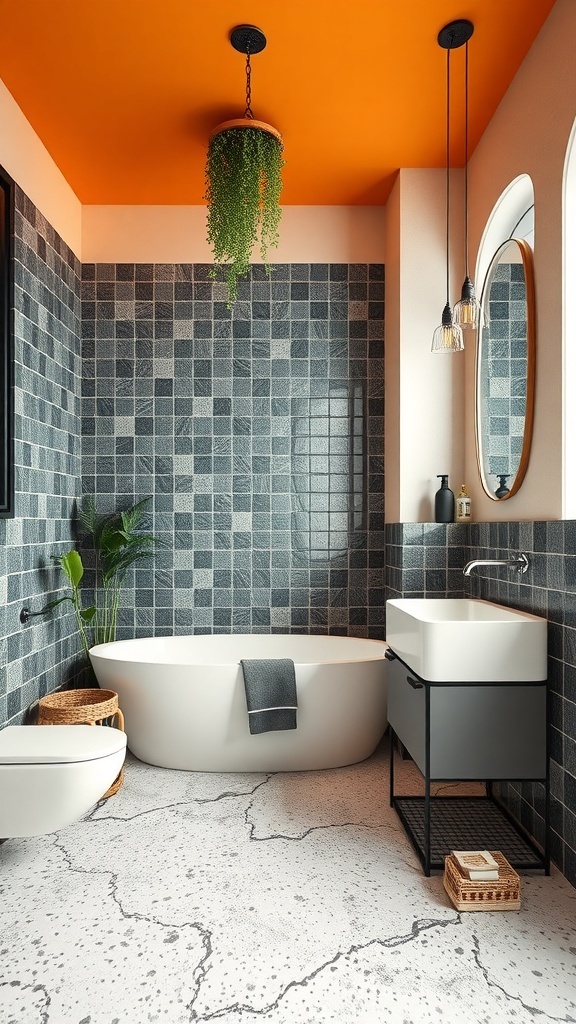 A modern bathroom featuring terrazzo flooring, dark tiled walls, a round bathtub, and an orange ceiling.