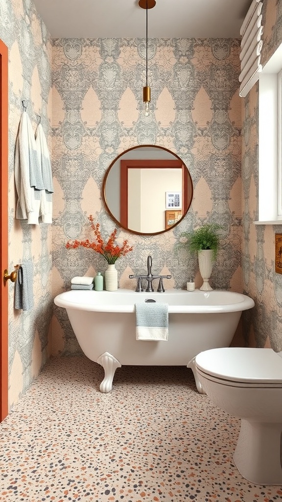 A stylish bathroom featuring a clawfoot tub, colorful terrazzo flooring, and pastel wallpaper.