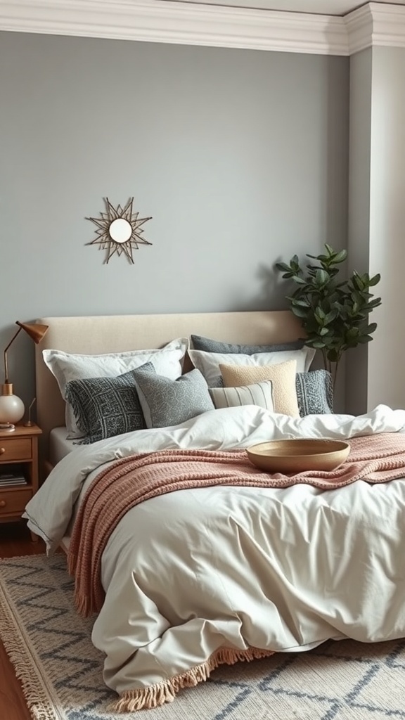 A cozy bedroom featuring a layered bed with a neutral duvet, chunky knit throw, and patterned pillows.