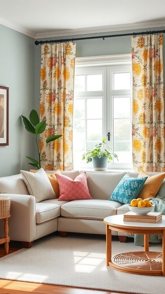 A cozy living room featuring a light-colored sectional sofa with colorful throw pillows, floral curtains, and a potted plant by the window.