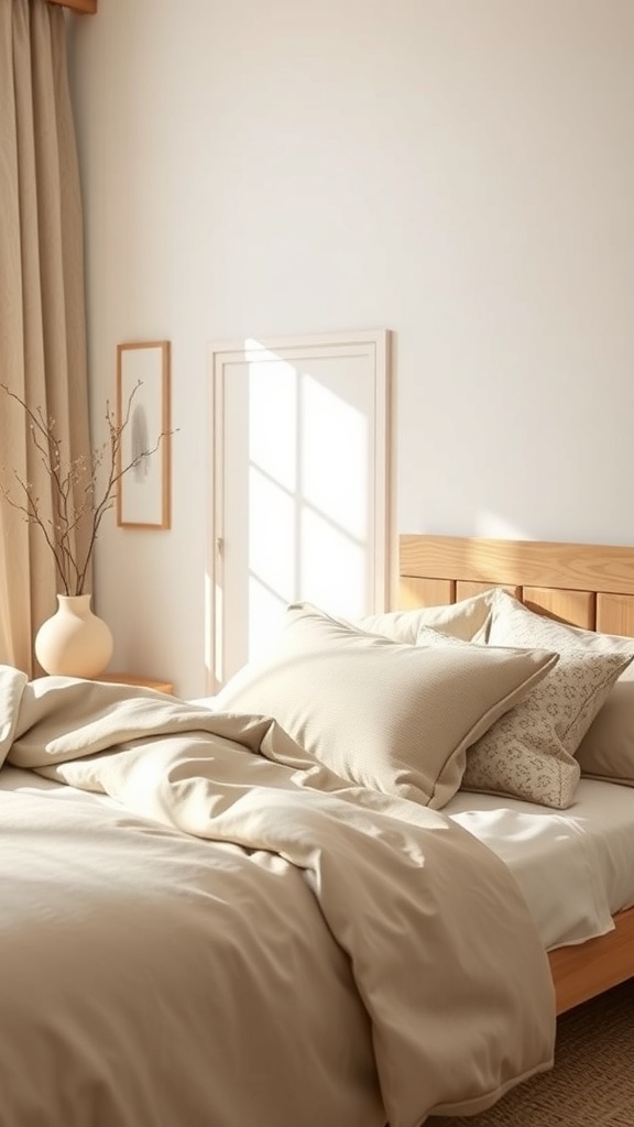 A cozy bedroom featuring neutral-toned bedding and soft textures, embodying Japandi style.