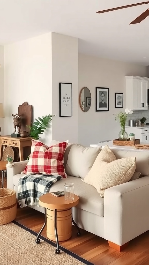 Cozy living room with neutral sofa, plaid pillows, and a throw blanket, showcasing rustic farmhouse style.