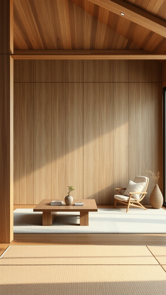 A minimalist interior featuring wooden walls, a wooden table, and a cozy chair.
