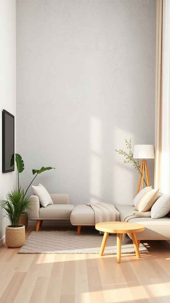 A minimalist living room featuring a textured accent wall, a light-colored sofa, a small round coffee table, and a plant.