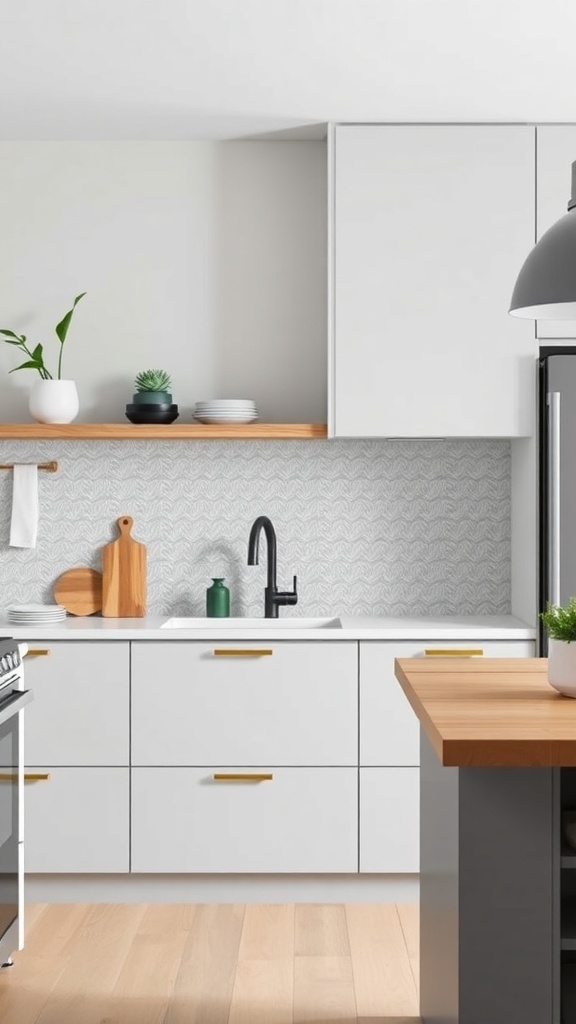 Scandinavian kitchen with textured backsplash, white cabinets, and wooden accents