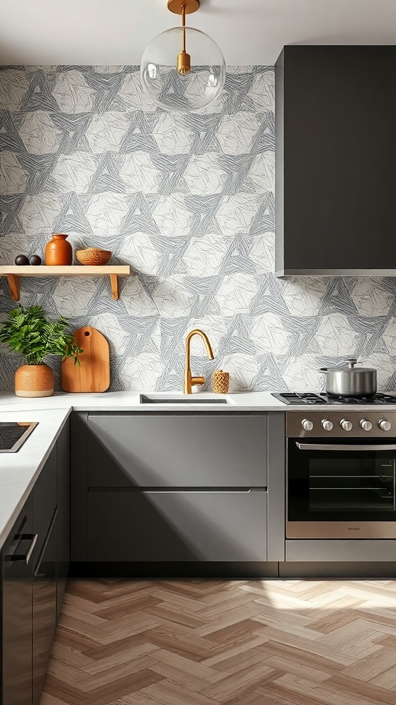 A modern kitchen featuring a textured geometric backsplash, sleek cabinetry, and stylish decor.