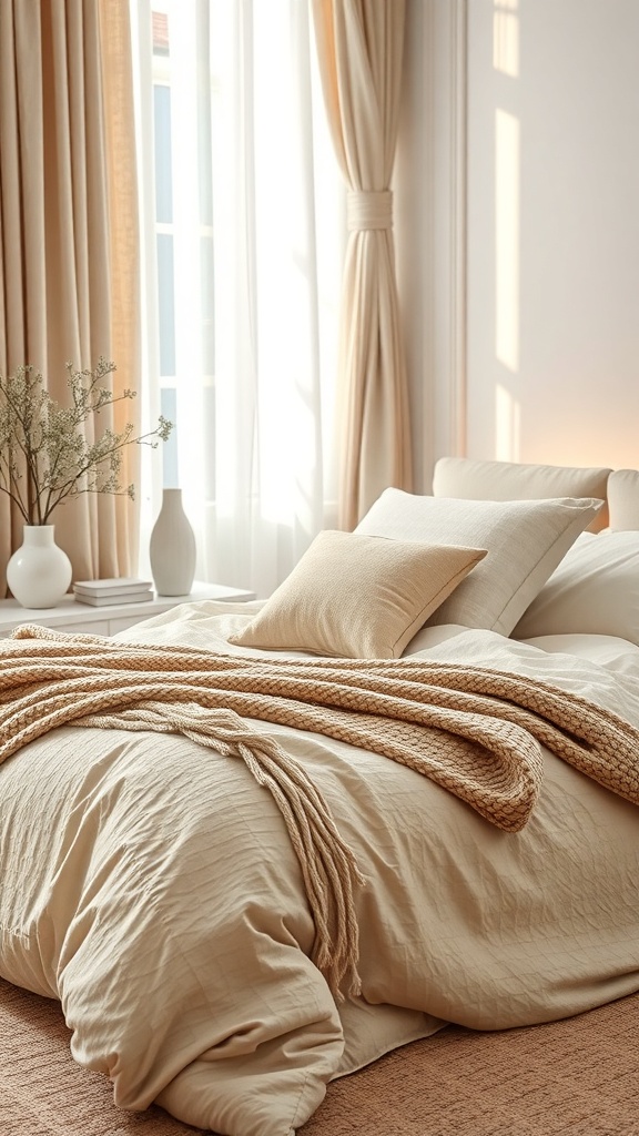 A beautifully layered bed with textured bedding, including a soft quilt, chunky knit throw, and plush pillows.