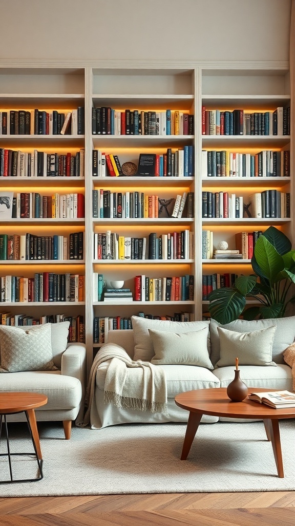 A cozy living room featuring textured fabric bookshelves filled with colorful books, a comfortable sofa, and warm lighting.