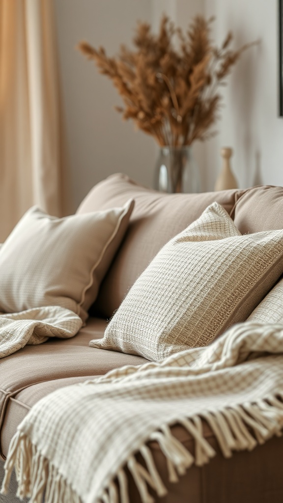 A cozy sofa adorned with textured pillows and a soft throw blanket.