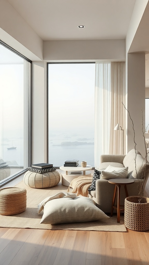 A cozy minimalist living room with textured fabrics and materials, featuring cushions, woven baskets, and a view.