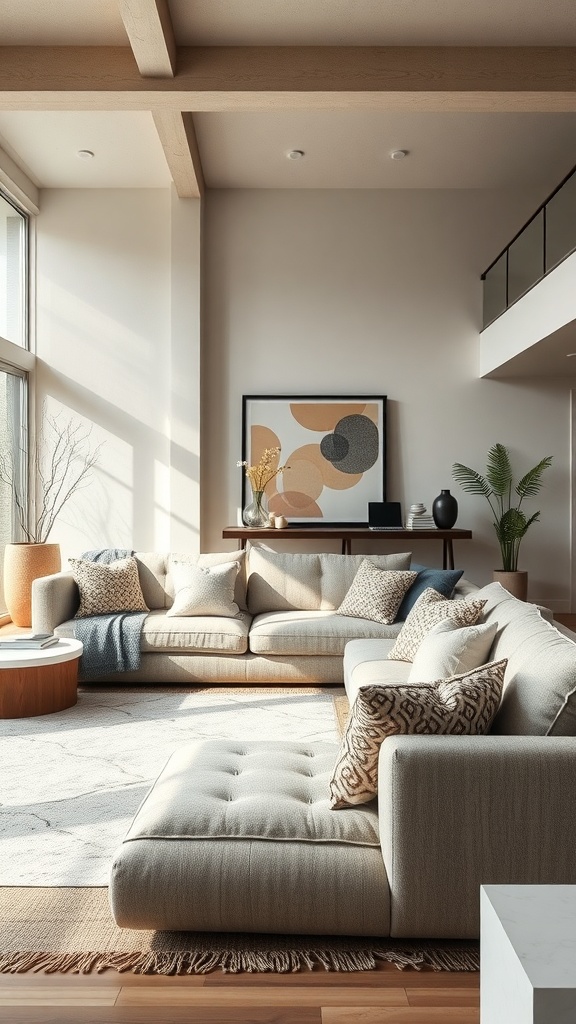 A cozy sunken lounge featuring a large sectional sofa with textured fabrics and patterned cushions, complemented by natural light and wooden accents.
