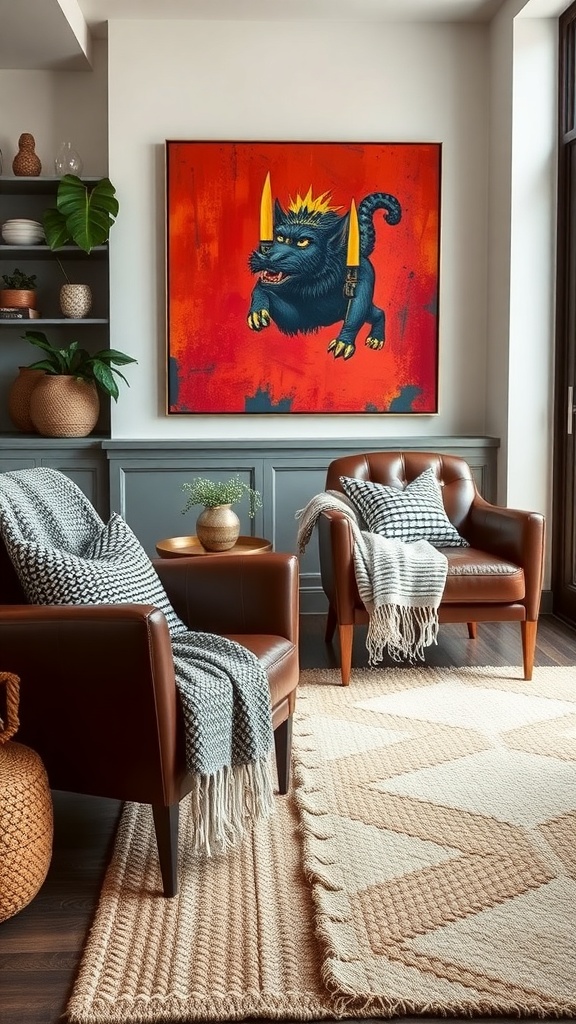 A cozy living room with leather chairs, textured blankets, and bold artwork featuring a playful creature.