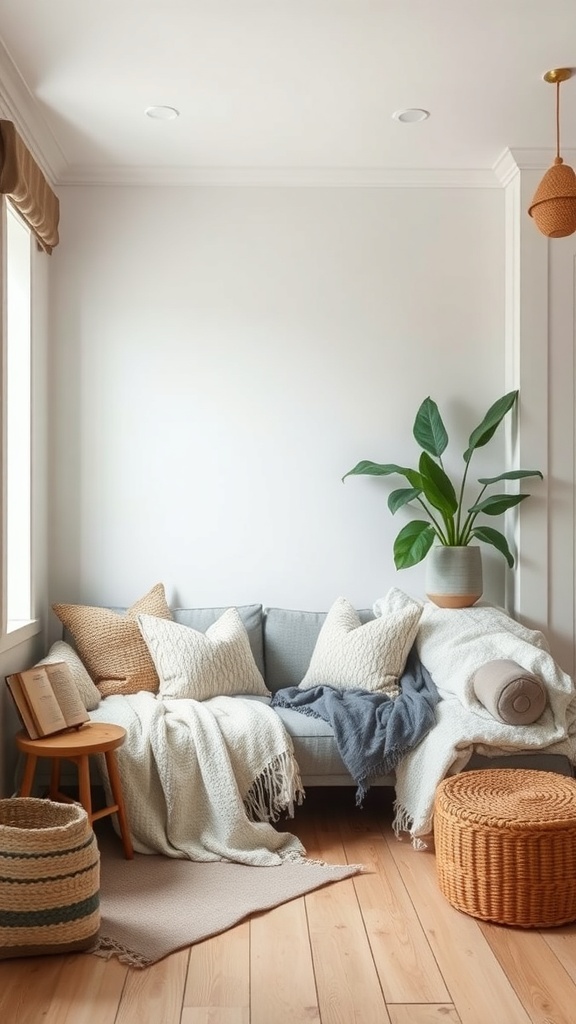 Cozy living room with textured fabrics and throws on a couch, featuring plants and wooden accents.