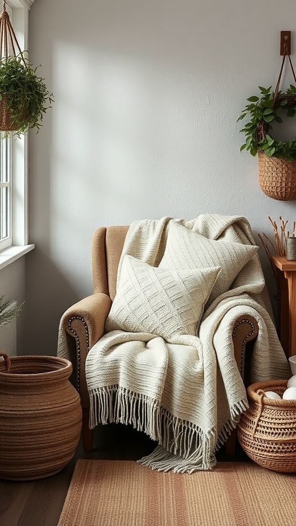 A cozy armchair with a cream-colored throw and textured pillow, surrounded by woven baskets and plants.