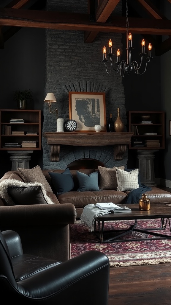 A cozy Gothic Wild West living room with textured fabrics and dark rustic elements.