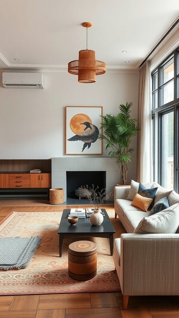 A cozy Japandi living room featuring a light sofa with cushions, a patterned rug, and natural wood accents.