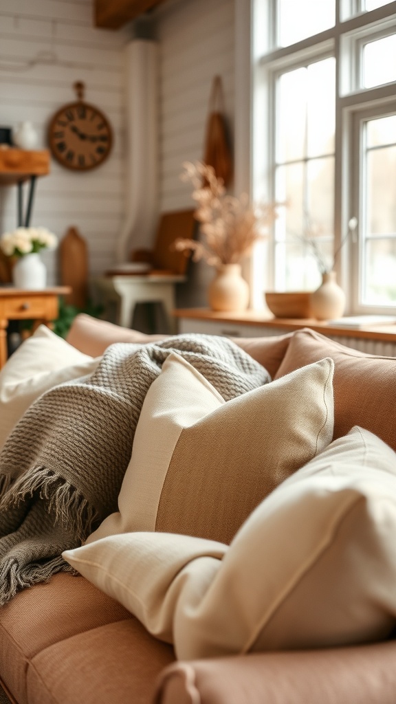 A cozy sofa with various textured cushions and a soft throw blanket, showcasing a modern rustic farmhouse style.