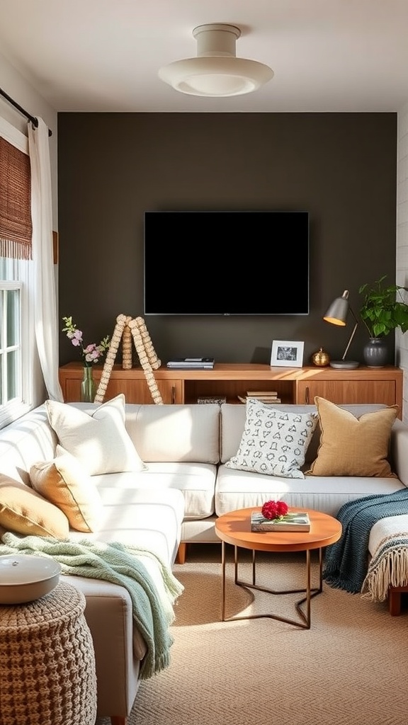 Cozy living room with textured fabrics, including a sectional sofa with colorful pillows, a knitted throw, and a warm rug.