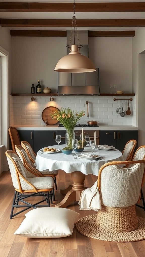 A cozy dining area featuring a round table with textured fabrics, stylish chairs, and warm lighting.