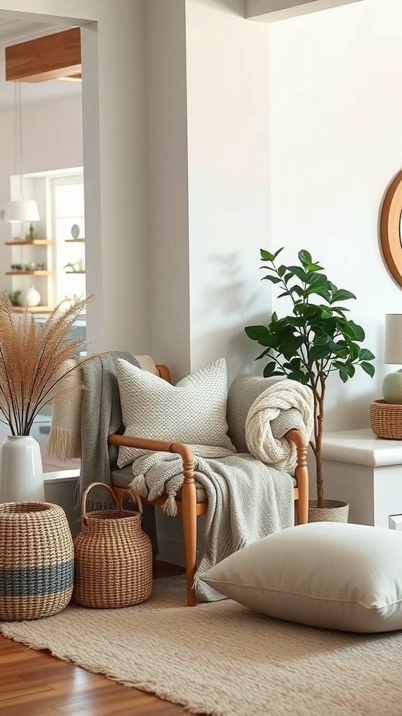 A cozy corner featuring a wooden chair with textured blankets and pillows, woven baskets, and a plant, creating a warm farmhouse chic atmosphere.