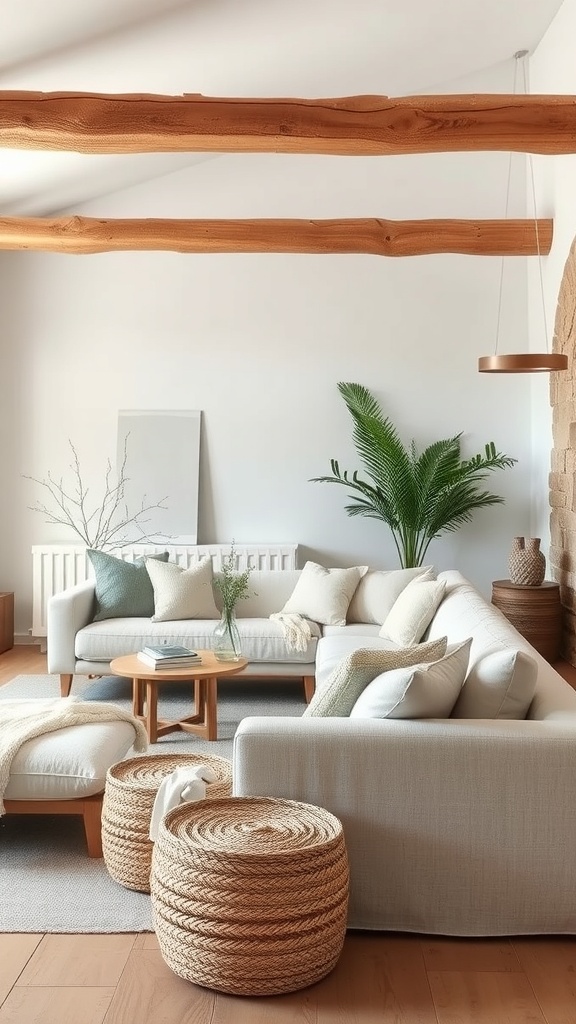 A minimalist rustic living room featuring a light-colored sofa with textured pillows, woven baskets, and a plant.