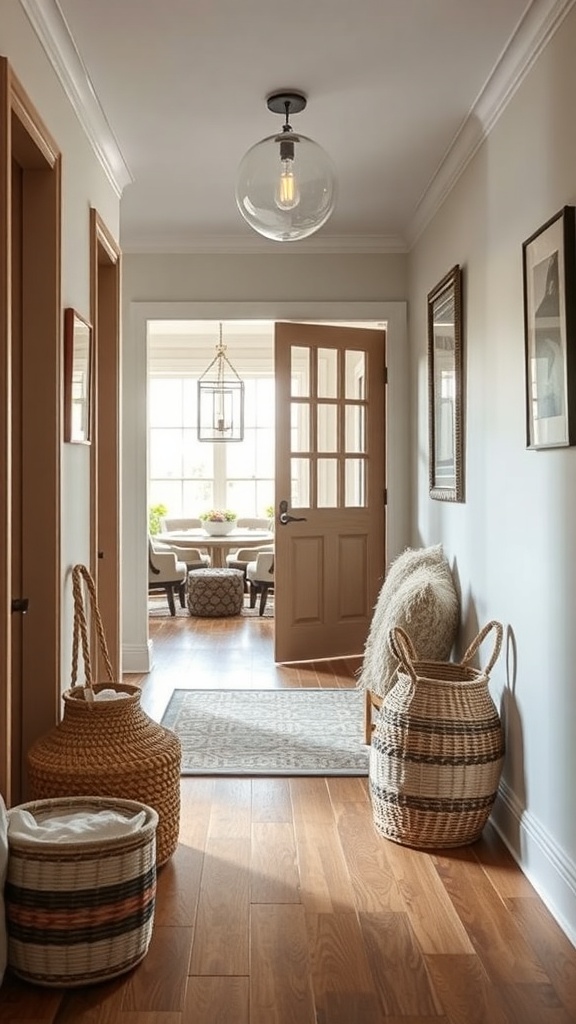A cozy hallway featuring textured fabrics with woven baskets and a plush rug.