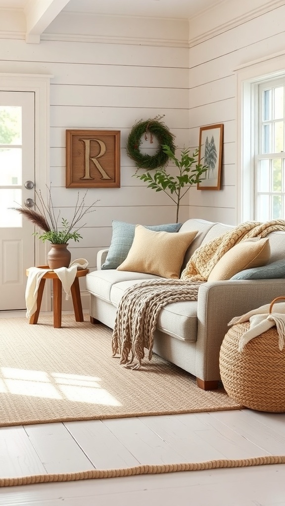 Cozy living room with textured fabrics, including a sofa with cushions and a throw blanket.
