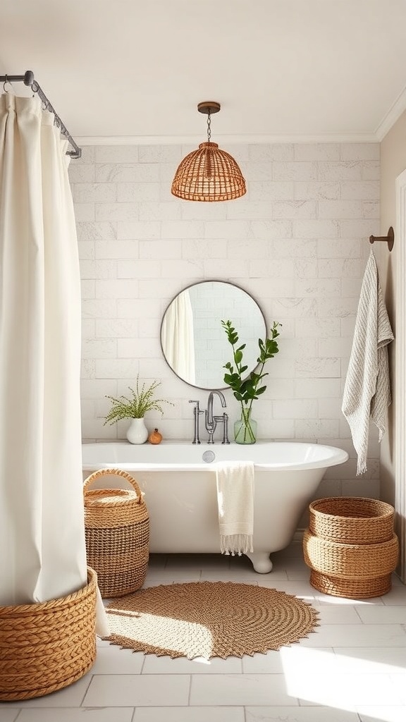 A boho bathroom featuring a white shower curtain, woven baskets, and a round natural fiber rug.