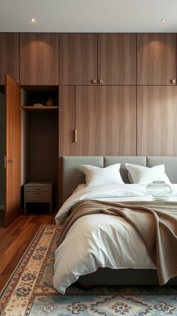 A cozy small bedroom featuring a built-in wardrobe with warm wood finishes, soft bedding, and a textured rug.