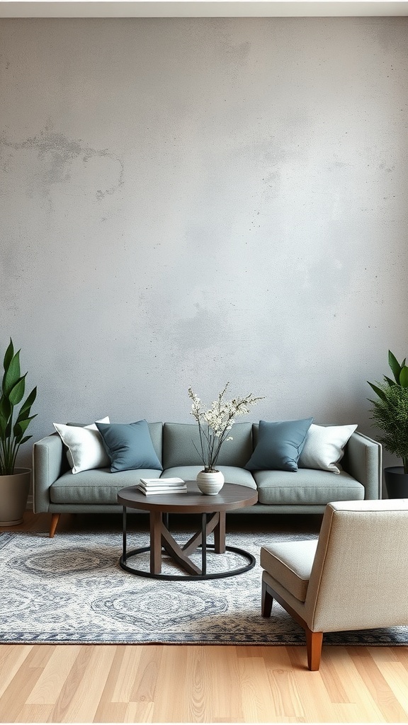 A modern living room with a textured gray wall, a light gray couch, blue pillows, a round coffee table, and plants.