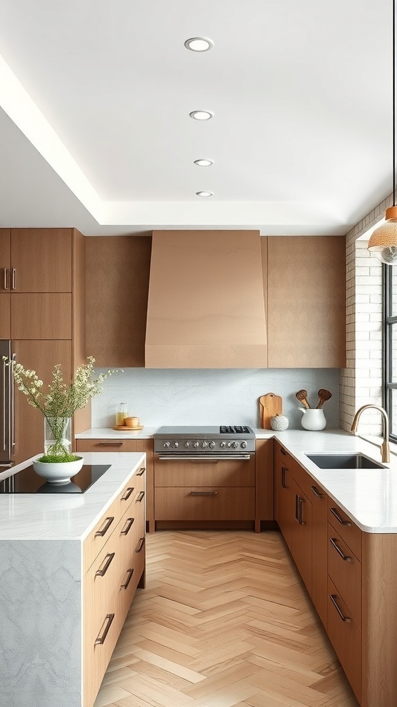 Modern kitchen with wood cabinetry, marble countertops, and herringbone flooring