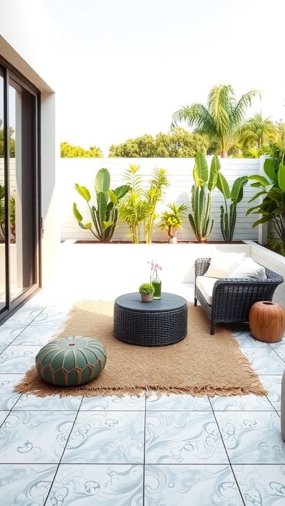 Minimalist patio with textured flooring, plants, and stylish furniture.