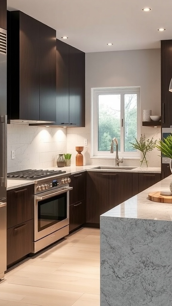 Modern kitchen featuring a textured laminate countertop with sleek cabinetry and bright lighting.