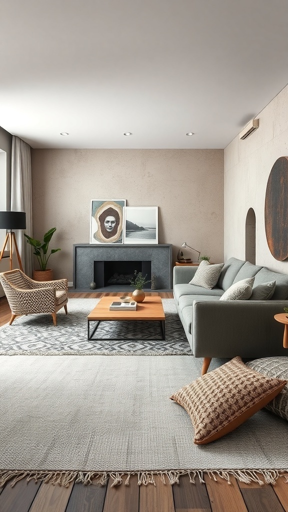 A stylish open concept living and dining room featuring textured layering with a sofa, woven chairs, and artwork.