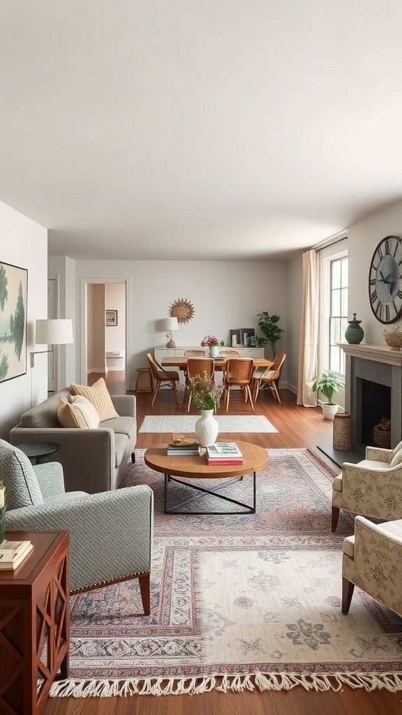 A cozy living room featuring gray sofas, patterned armchairs, a wooden coffee table, and potted plants, showcasing textured layering in interior design.