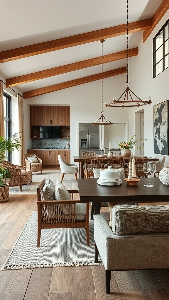 Open concept living and dining room with wooden beams, woven chairs, and a stylish dining table.