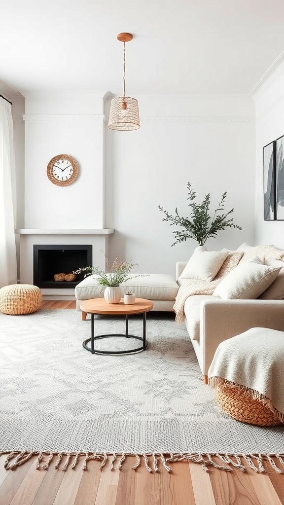 A cozy Scandinavian living room with a light color palette, featuring a soft sofa, textured rug, and decorative plants.