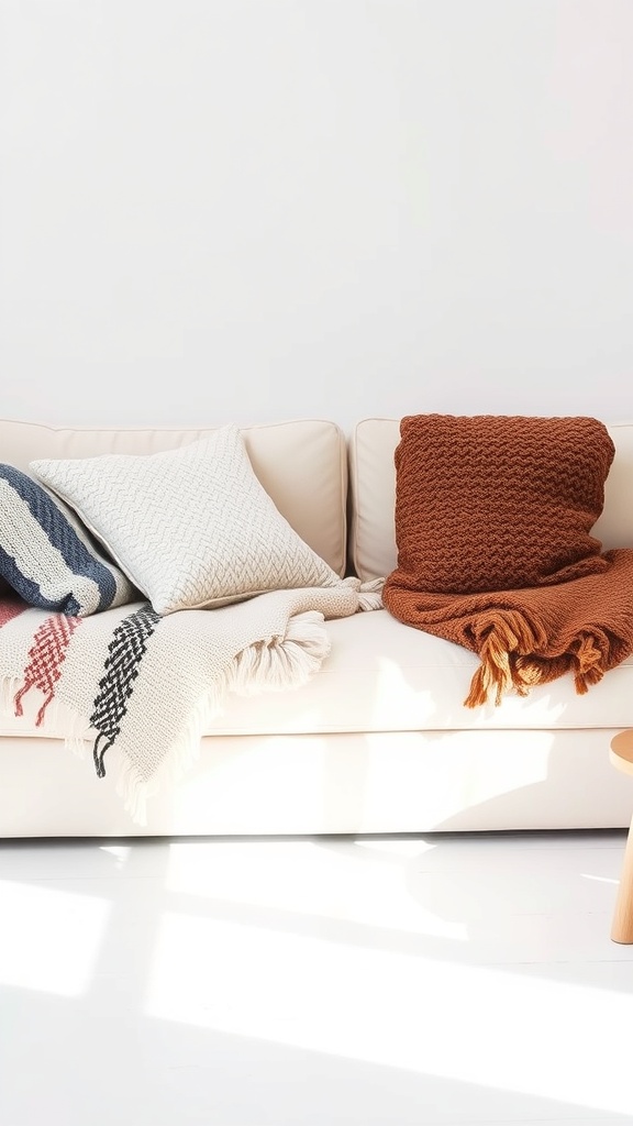 A cozy sofa adorned with textured pillows and blankets in a minimalist setting.