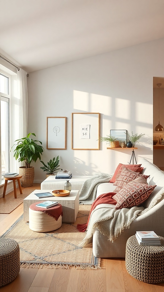 A cozy Scandinavian living room with a neutral color palette, featuring a comfortable sofa, textured pillows, and a woven rug.