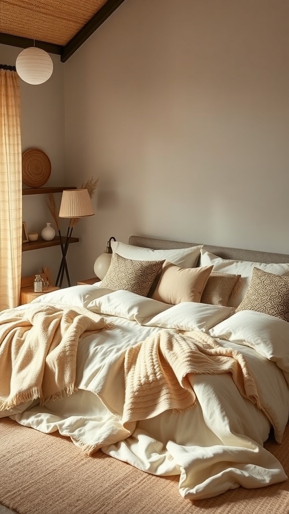 A cozy Japandi-style bedroom featuring layered textures with soft pillows and warm blankets.