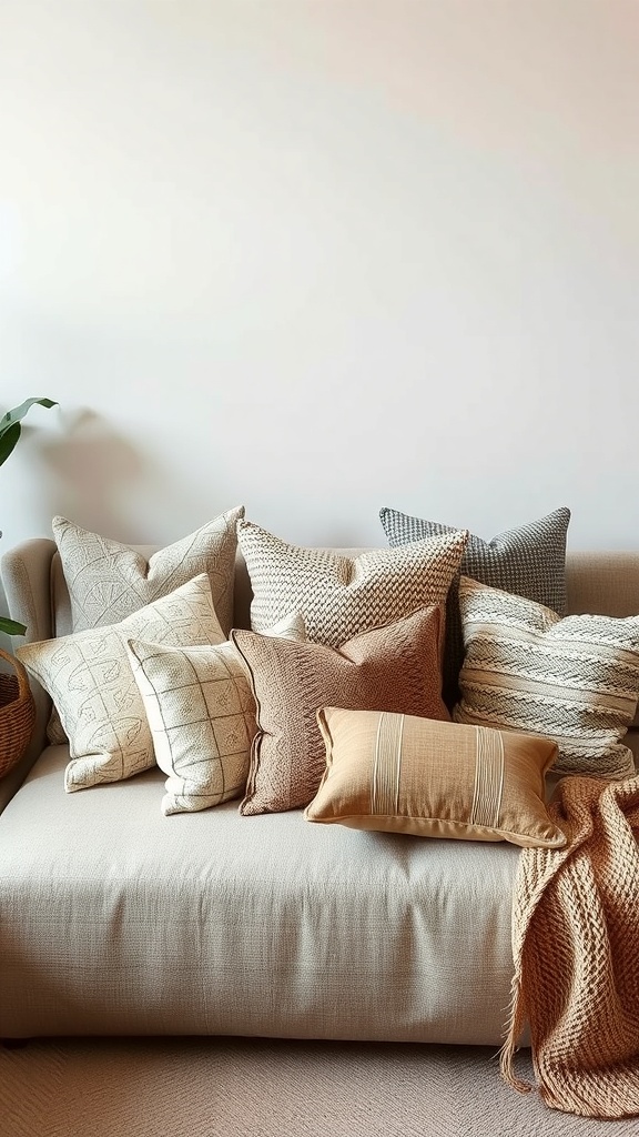 A cozy arrangement of various textured pillows on a light-colored sofa.